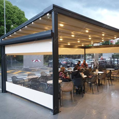 Freestanding retractable pergola with perimeter shading