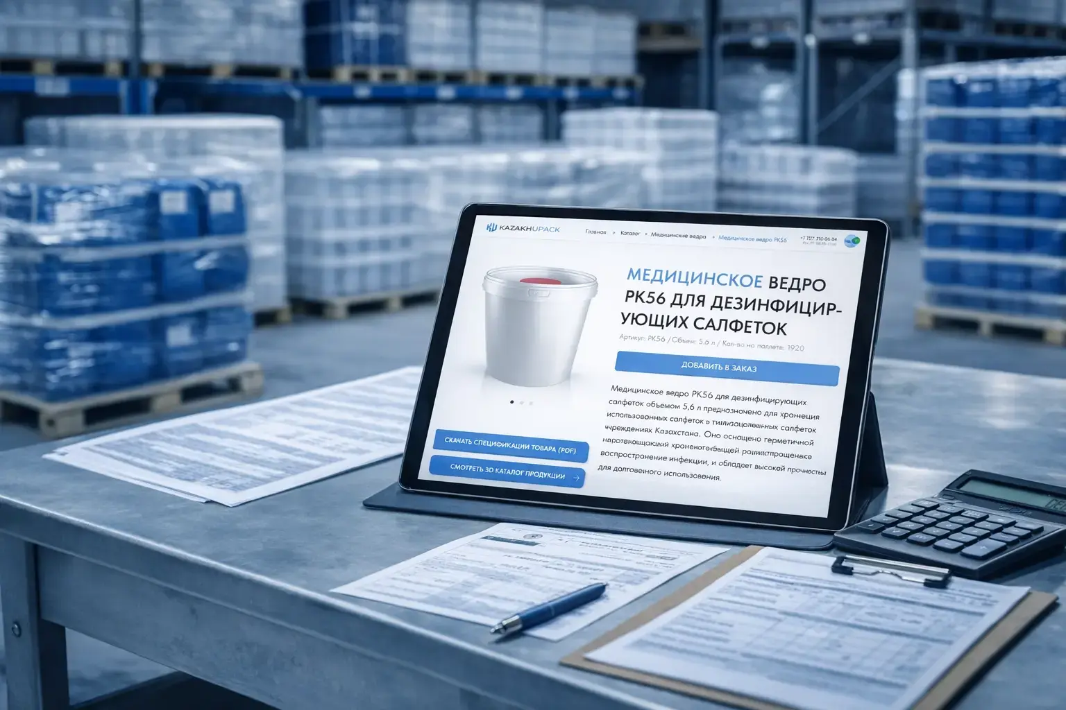 KazakhUpack website on a tablet in a packaging warehouse