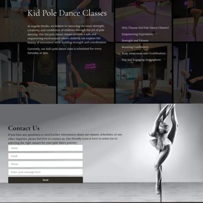 Class booking section on the Angelic Pole Dance website