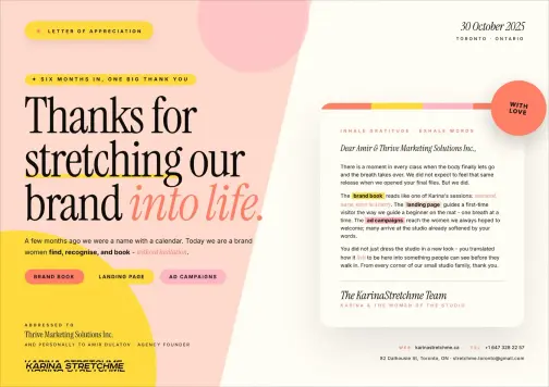 Letter of appreciation from Karina Stretch Me to Thrive Solutions