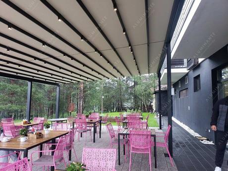 Café summer patio with a retractable pergola