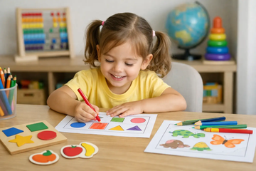 Preschool girl colouring a shapes worksheet at a table with pencils and puzzles