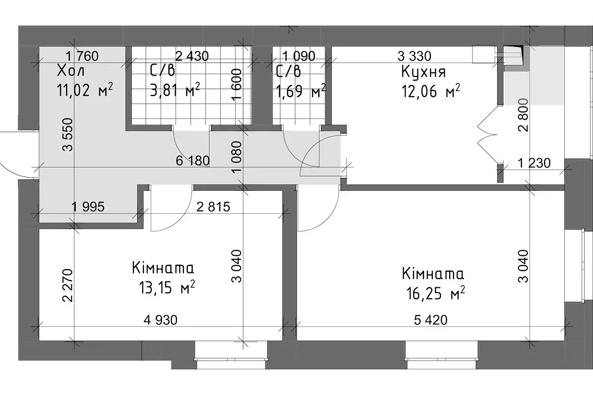 Планування 2-кімнатної квартири в ЖК Чайка Люкс — варіант 7
