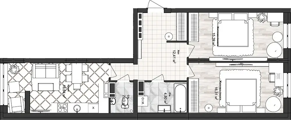 Планування 2-кімнатної квартири в ЖК Sea Town — варіант 3