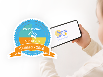 Bumi Lumi coloring app open on a phone beside the Educational App Store Certified 2026 badge