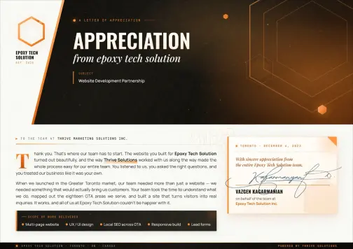 Letter of appreciation from Epoxy Tech Solution to Thrive Solutions
