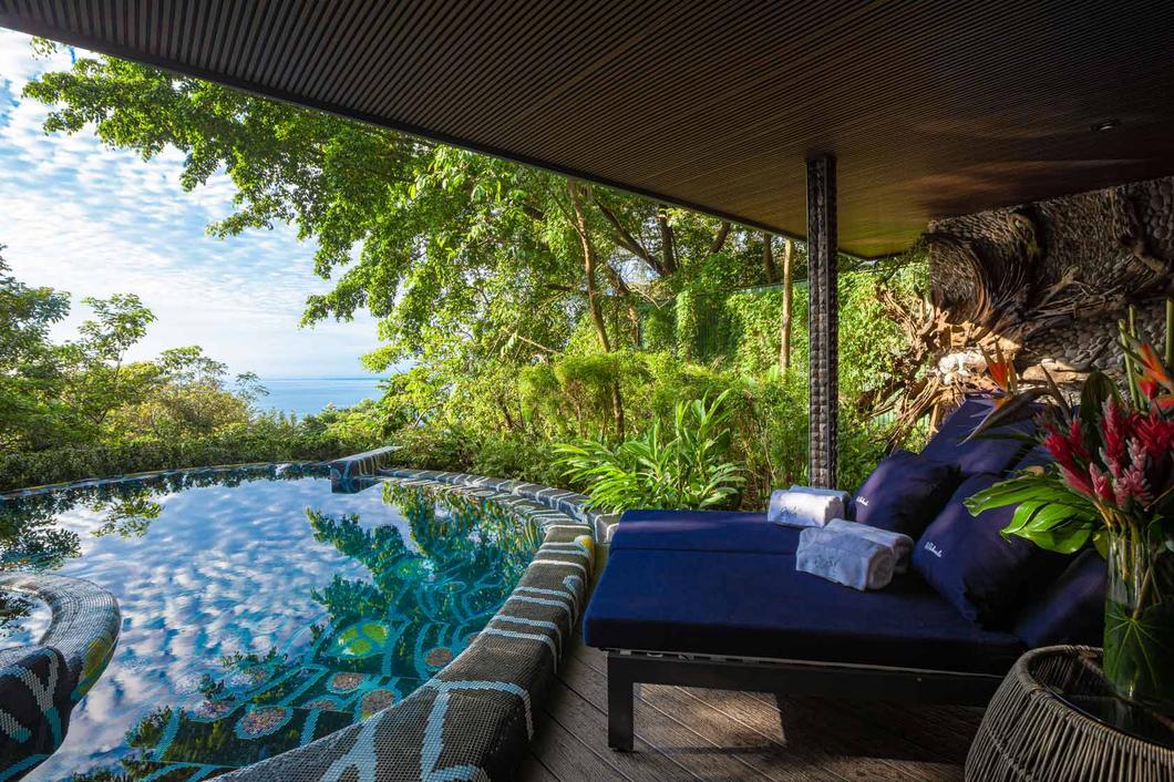 Luxury Villa Private Pool, the pool, reflections and blue loungers, Hotel Makanda, Manuel Antonio