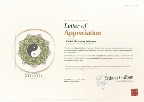 Letter of appreciation from Balanced Wellness to Thrive Solutions